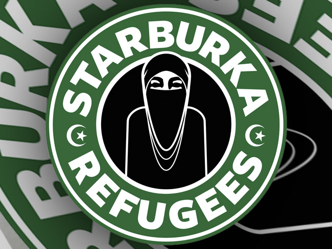 В знак протеста против трудовой политики "Старбакса" испанские активисты заменили логотип компании: вместо Starbucks Coffee на фирменном знаке появилось изображение женщины с закрытым лицом и надпись: Starburka Refugees